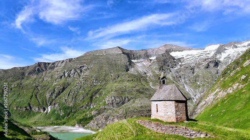 Kapelle beim Pasterzenhaus in the Austrian Alps, Drone View
