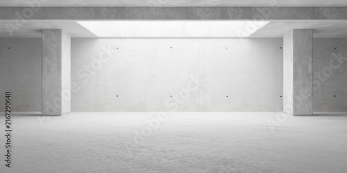 Empty brutalism abstract room with large light shaft, pillars and concrete walls, industrial modern interior background template
