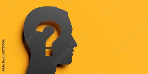 Head shape with question mark cut out on yellow background with copy space - confusion or business problem concept