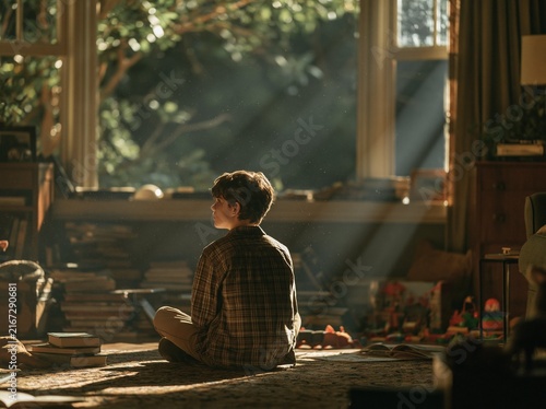 Obraz na płótnie Orphaned Boy Sitting Alone Near a Sunlit Window