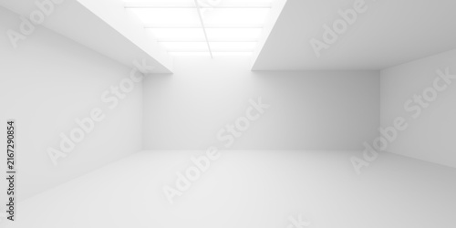 Empty modern white room or art gallery indoor background with grid ceiling windows, soft light, modern interior template