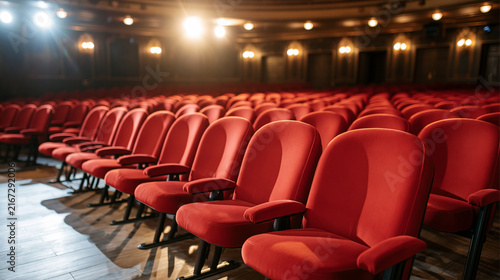Empty theater auditorium featuring rows of red velvet seats illuminated by stage spotlights, awaiting a performance
