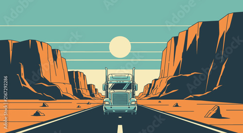 Stylized American Road Trip Scenery with Classic Semi Truck