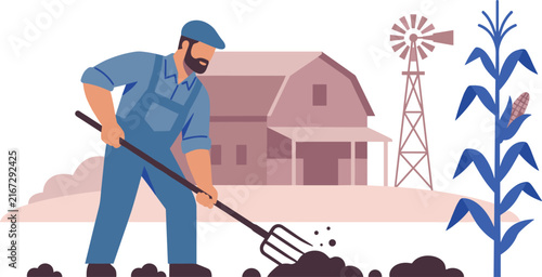 Bild auf Leinwand Male farmer working with pitchfork in agricultural field featuring rural barn wi