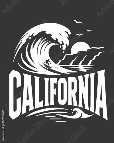 California Surf Wave T-Shirt Design with Bold Coastal Typography, Ocean Adventure Spirit, and Classic West Coast Beach Vibes