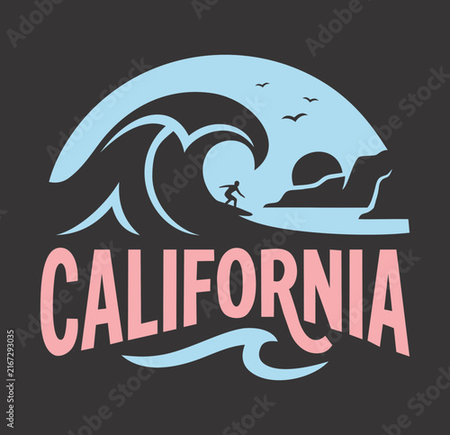California Surf Adventure Illustration with Ocean Waves, Coastal Sunset, and Relaxed Beach Vibes for a Classic Travel-Inspired Design