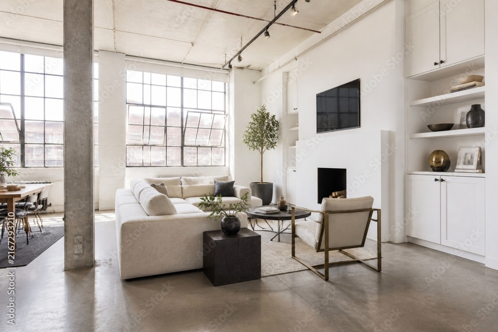 Fototapeta premium White Loft Living Area With Large Industrial Windows