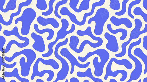 Abstract Seamless Wavy Blobs Pattern Blue Cream Background