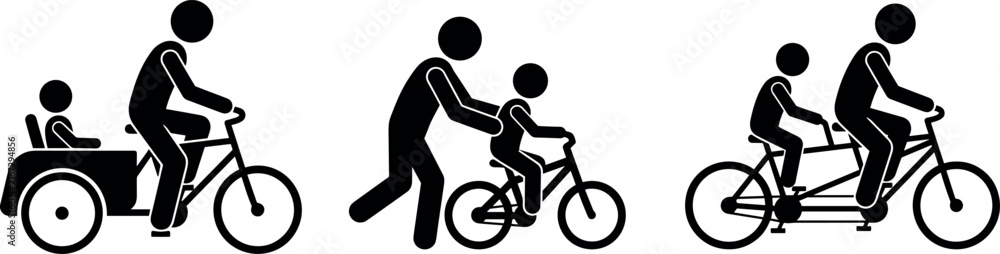 Fototapeta premium Set of family bicycling and parenting icons showing parents riding with children on bikes vector design