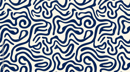 Seamless Abstract Organic Wavy Lines Blue Cream Background