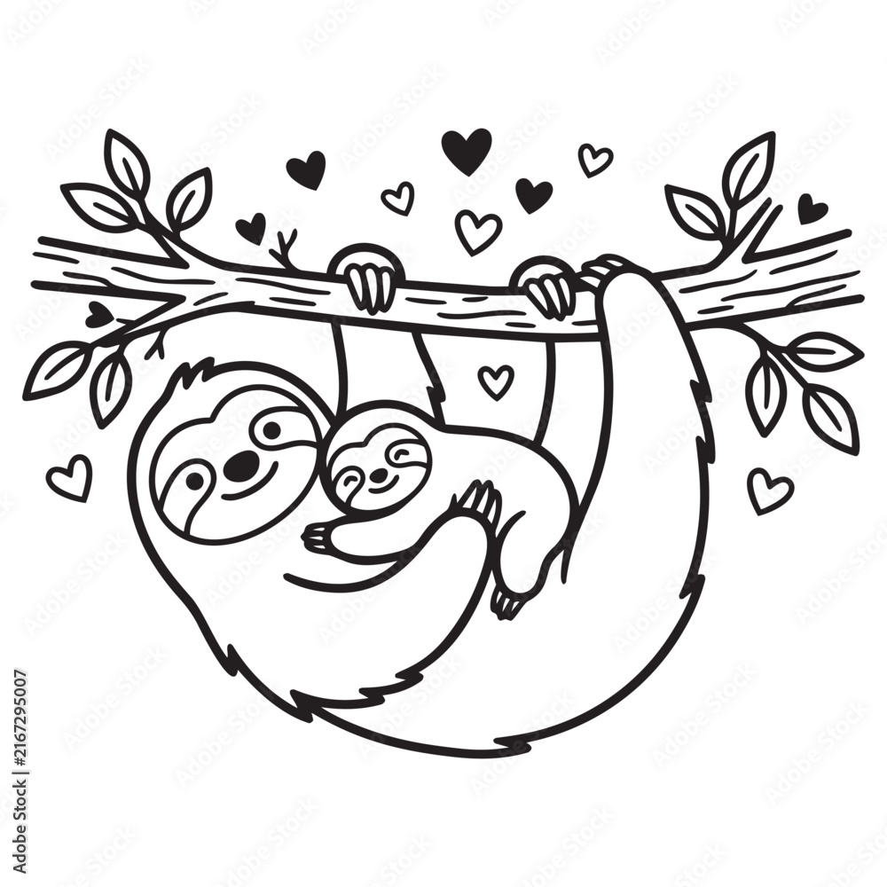 Naklejka premium Cute Mother and Baby Sloth Hanging on Tree Branch Line Art Vector Illustration for Mother's Day Coloring Page and Crafts.