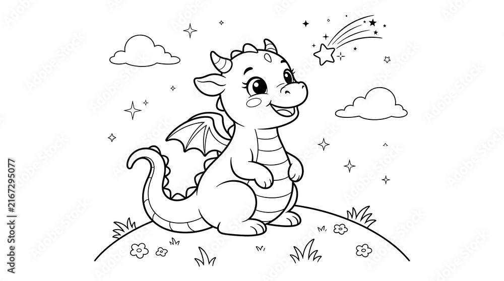 Naklejka premium A cute little baby dragon sitting on a hill under the stars for a fun and creative educational coloring page design