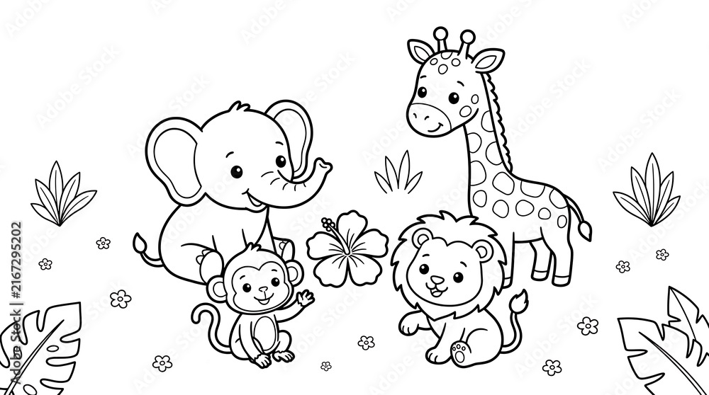 Naklejka premium A delightful black and white coloring page featuring a cute baby elephant giraffe lion and monkey playing together in a sunny jungle
