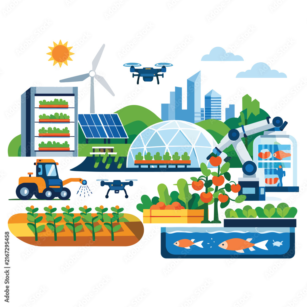 Fototapeta premium Modern sustainable agriculture with drones and greenhouses