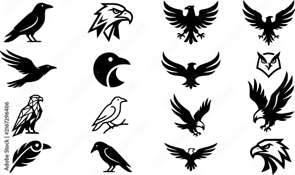 Naklejka premium Dark black raven crow eagle bird logo icon art set 
