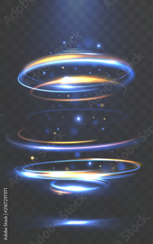 Futuristic Blue and Golden Glowing Light Rings with Energy Trails and Sparkles on Transparent Background
