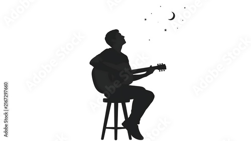 Silhouette of man playing guitar on stool white background.