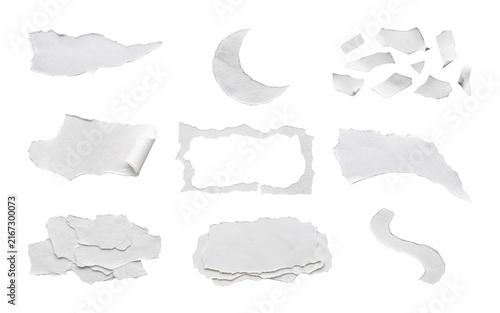 White Torn Paper Elements Collection, Realistic Ripped Paper Pieces, Strips, Frames and Text Holders Isolated on Transparent Background, PNG