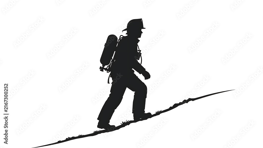 Fototapeta premium Hiker silhouette walking uphill white background.
