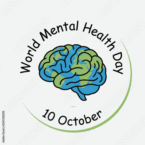 World mental health day badge with a green and blue human brain illustration for october 10 awareness Vector
