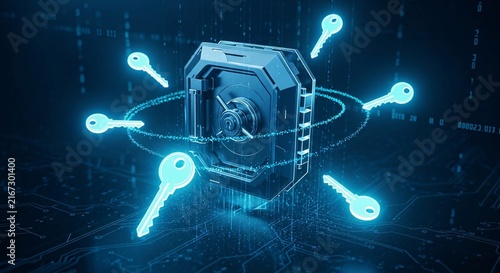 Digital security vault with glowing blue keys representing access and protection in a cyber environment.