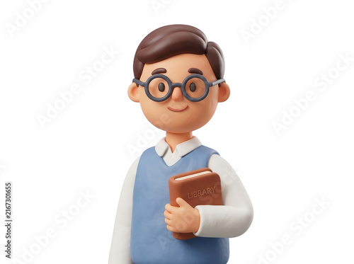 Personnage 3D d'un jeune étudiant souriant portant des lunettes rondes et tenant un livre, illustration stylisée de style cartoon sur fond blanc pour projets éducatifs.
