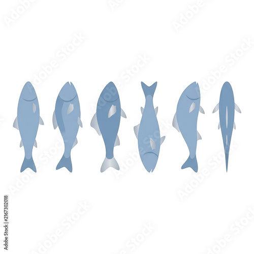 Ensemble de six illustrations vectorielles de poissons bleus stylisés présentés en vue de dessus, parfaits pour des designs culinaires, marins ou des motifs décoratifs sur fond blanc.