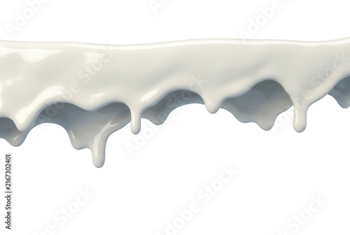 Un gros plan dynamique d'un liquide blanc crémeux, comme du lait ou de la peinture, coulant et formant des gouttes isolées sur un fond blanc pur pour un design publicitaire.