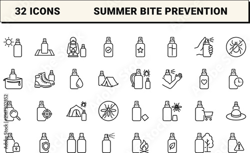 Insect Repellent Spray Summer Bite Prevention Web Icon Set in Linear Style. Collection of Outdoor Protection line icons, including bug spray, bite prevention, insect repellent, summer camping.