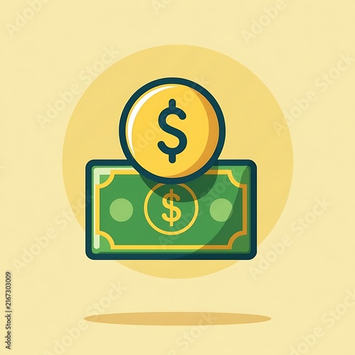 Money icon with dollar coin and banknote on yellow background