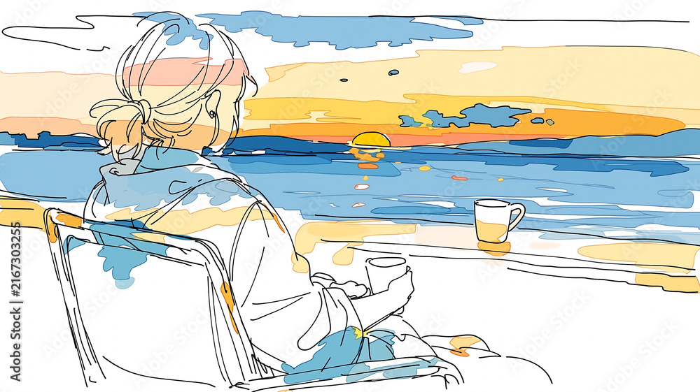 Naklejka premium 海と夕日を眺めながら自分の時間を楽しむ人物のイラスト