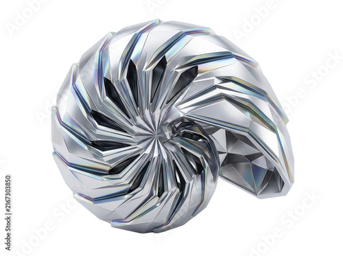 Coquillage nautile stylisé en métal argenté brillant avec une structure géométrique complexe et des reflets chromés sur un fond blanc pur, idéal pour le design abstrait.