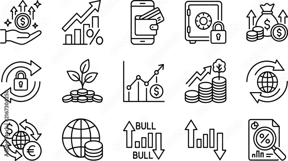 Fototapeta premium Black and white of various symbols and including currency signs and religious symbols currency symbols