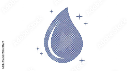 Illustration minimaliste d'une goutte d'eau bleue texturée avec des étincelles sur fond blanc, idéale pour des concepts de pureté, d'écologie et d'hydratation.