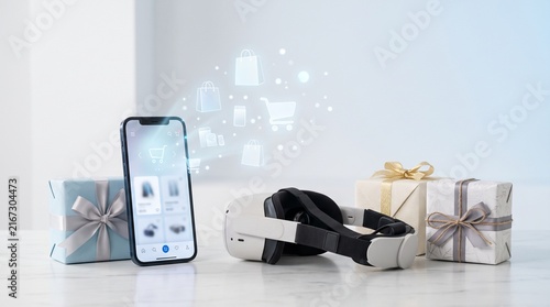 Woman using smartphone for virtual shopping with augmented reality product visualization at home