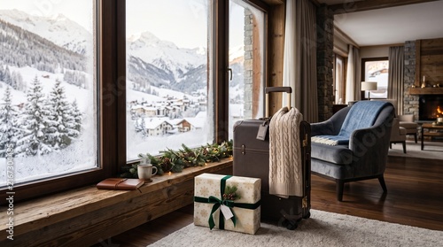 Luxury mountain resort living room with packed suitcase and gift box by panoramic window