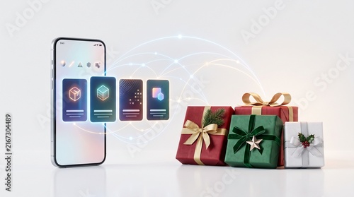 Smartphone displaying festive gift box app beside wrapped Christmas presents with bows and pine sprigs