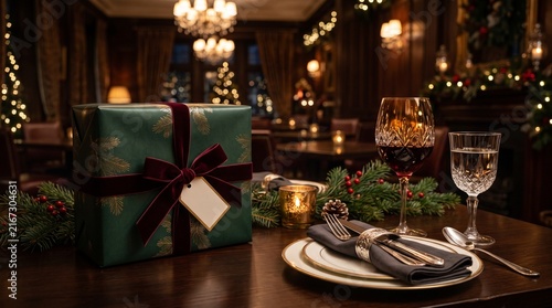 Elegant holiday dinner with wrapped gift and wine on festive restaurant table setting