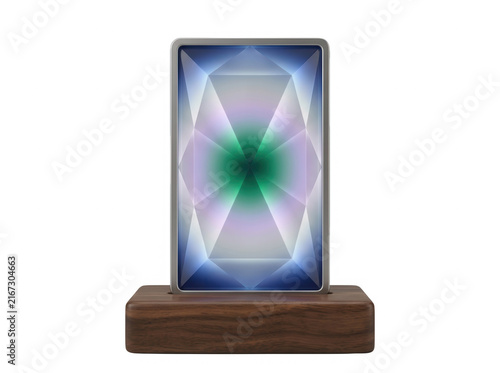Objet de décoration moderne avec un panneau en verre affichant un motif géométrique lumineux et coloré sur un socle en bois élégant, isolé sur fond blanc.