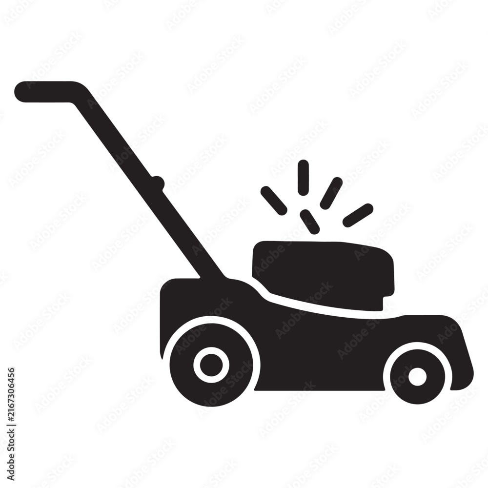 Fototapeta premium Lawn mower icon, black silhouette of garden grass cutter, minimalist landscaping equipment vector, yard maintenance symbol