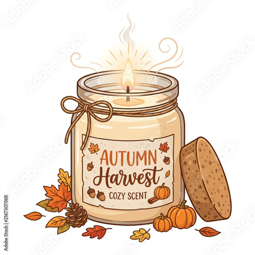 Cozy Autumn Scented Candle Isolated on White Background