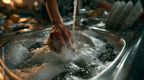 Close-Up of Person Washing Dishes in Kitchen Sink