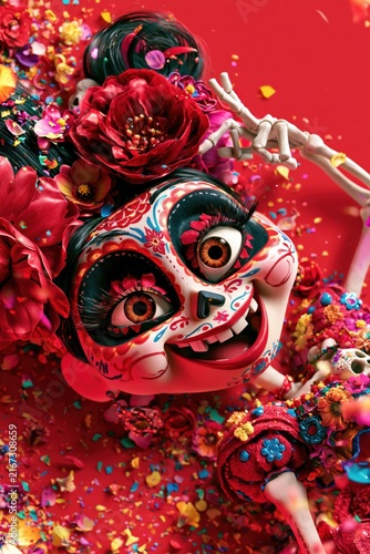 Vibrant Day of the Dead Inspired Sugar Skull Portrait with Floral Ornamentation and Butterfly Face Art on Bold Orange Background