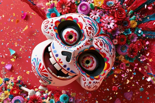 Vibrant Day of the Dead Inspired Sugar Skull Portrait with Floral Ornamentation and Butterfly Face Art on Bold Orange Background