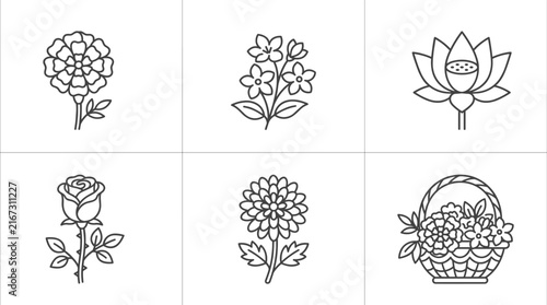 Collection of six line art floral icons including rose lotus marigold chrysanthemum and flower basket