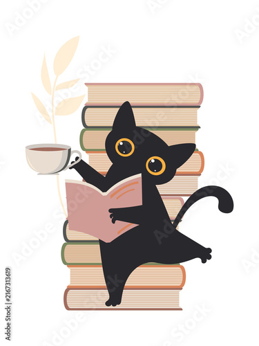 Cute black cat reading a book and holding a cup of tea on a stack of books library autumn mood or remote learning concept