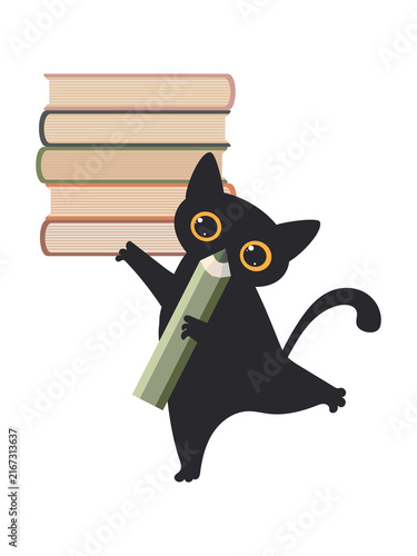 Cute black cat holding big pencil with stack of books back to school concept character design