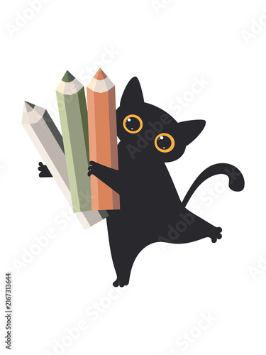 Funny black cat back to school concept with a pencil. 