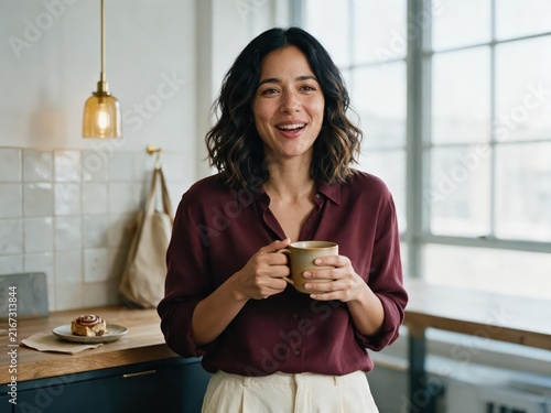 Generative AI, Cheerful woman holding a coffee mug in a bright kitchen