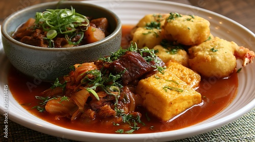 A delicious bowl of spicy braised tofu with meat and kimchi served in a restaurant. This vibrant Asian dish is perfect for culinary and restaurant menu promotions.